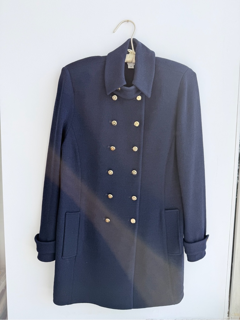 St. John Collection Navy Double Breasted Knit Coat Gold Buttons